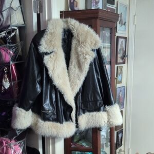 Women's Black and Cream Fur-Trimmed Jacket